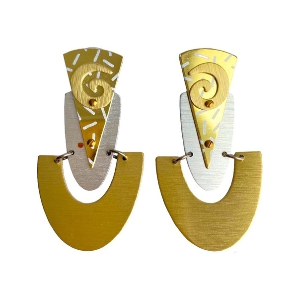 Vintage 90s Y2K Earrings Two Tone Gold Silver Metallic Statement Jewelry - Picture 1 of 8